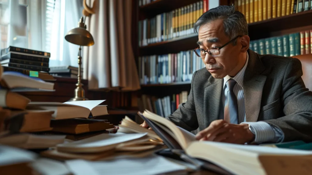a focused attorney analyzes evidence in a well-lit, modern office, surrounded by legal books and documents, conveying a sense of determination and expertise in building robust defense strategies.