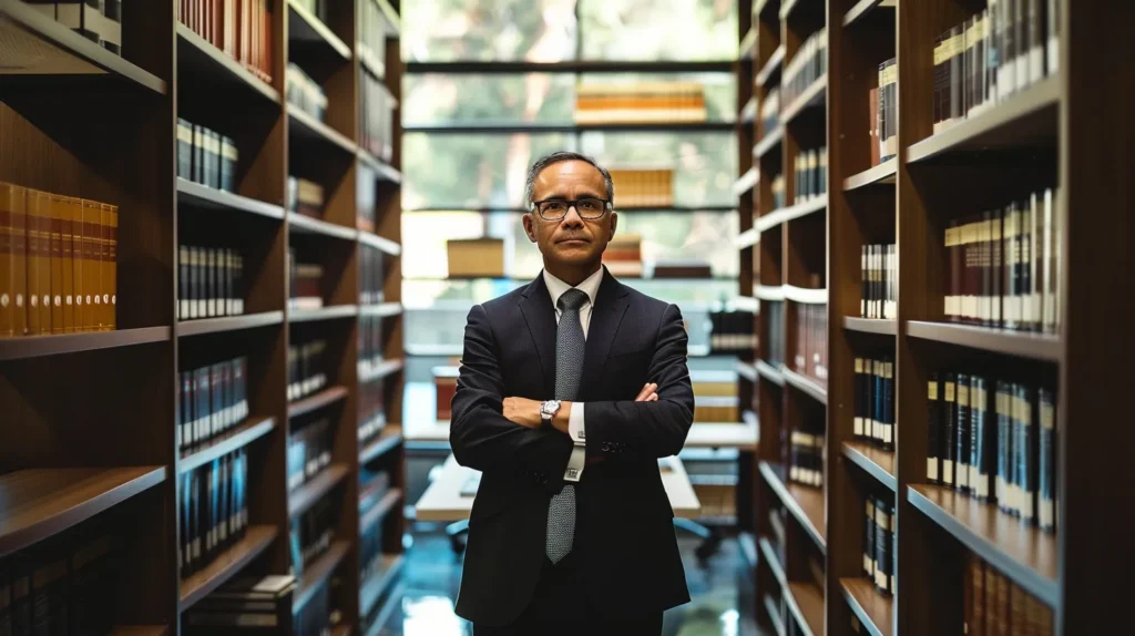 a focused attorney stands confidently in a sleek, modern law office, surrounded by legal books and case files, conveying authority and expertise as they prepare to defend a client against resisting arrest charges in fullerton.