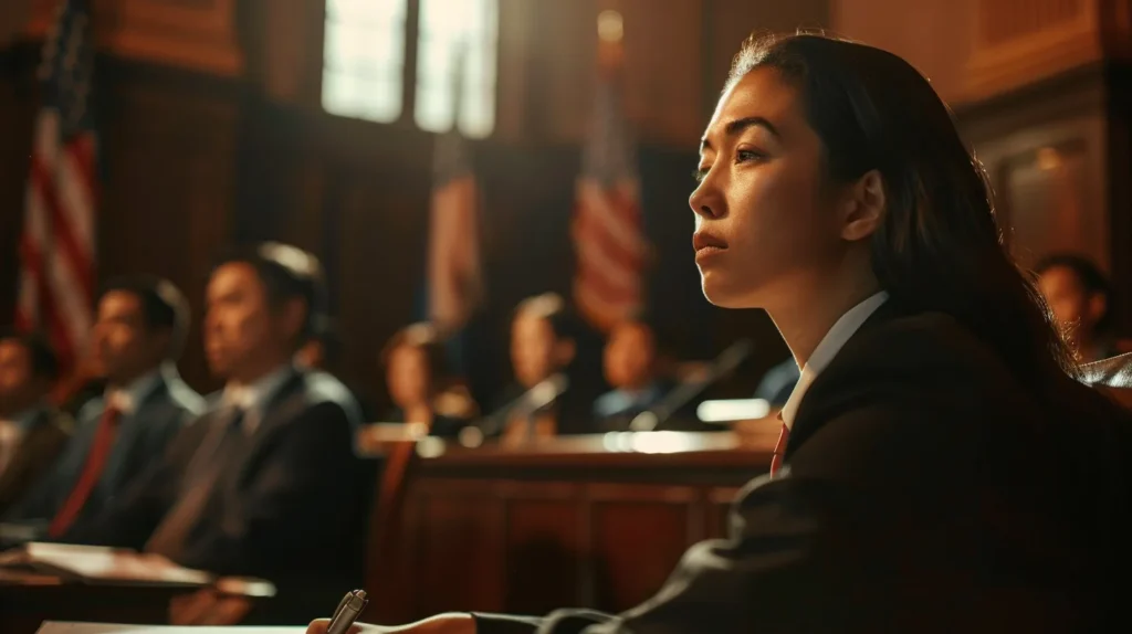 a focused courtroom scene captures a determined criminal defense lawyer engaged in a strategic discussion with a client, with intense expressions highlighting the high stakes of their case amidst the backdrop of legal documents and a solemn judge.