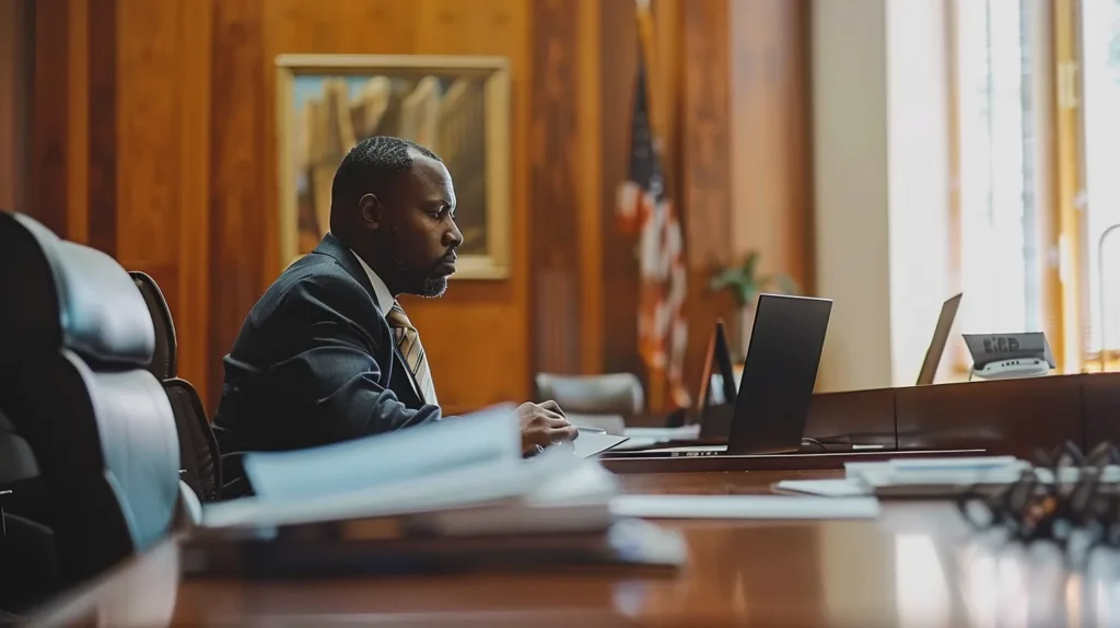 a focused courtroom setting with a poised individual seated at a sleek conference table, surrounded by legal documents and an open laptop, reflecting the serious atmosphere of a probation modification hearing in fullerton.