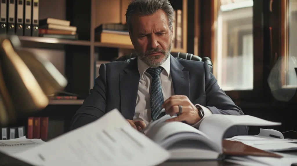 a focused criminal defense lawyer, surrounded by legal documents and case files within a sleek office, intently discusses defense strategies with a concerned client, highlighting the seriousness and complexity of assault and battery case defenses.