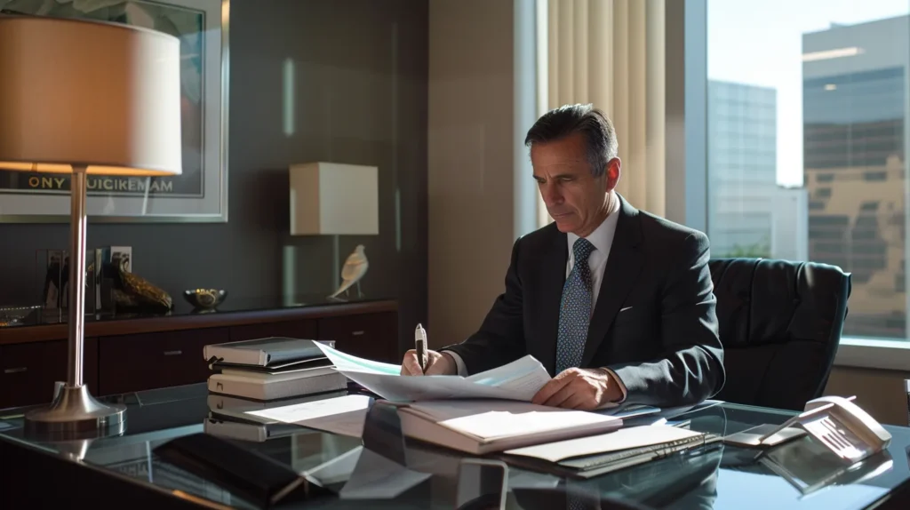 a focused expungement attorney in a modern office, seated at a sleek desk, reviewing case files under bright, professional lighting, conveying expertise and attention to detail in the heart of orange county.
