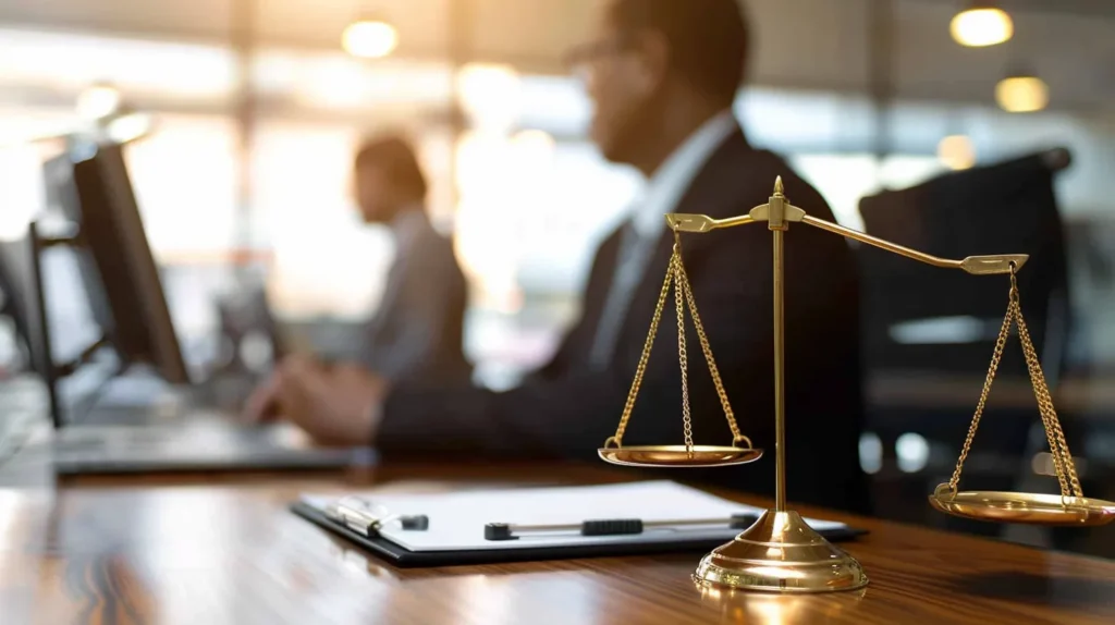 a focused expungement attorney sits at a sleek conference table in a modern office, reviewing a digital presentation about record clearing processes, illuminated by the soft glow of overhead lighting, conveying a sense of professionalism and expertise in navigating legal complexities.