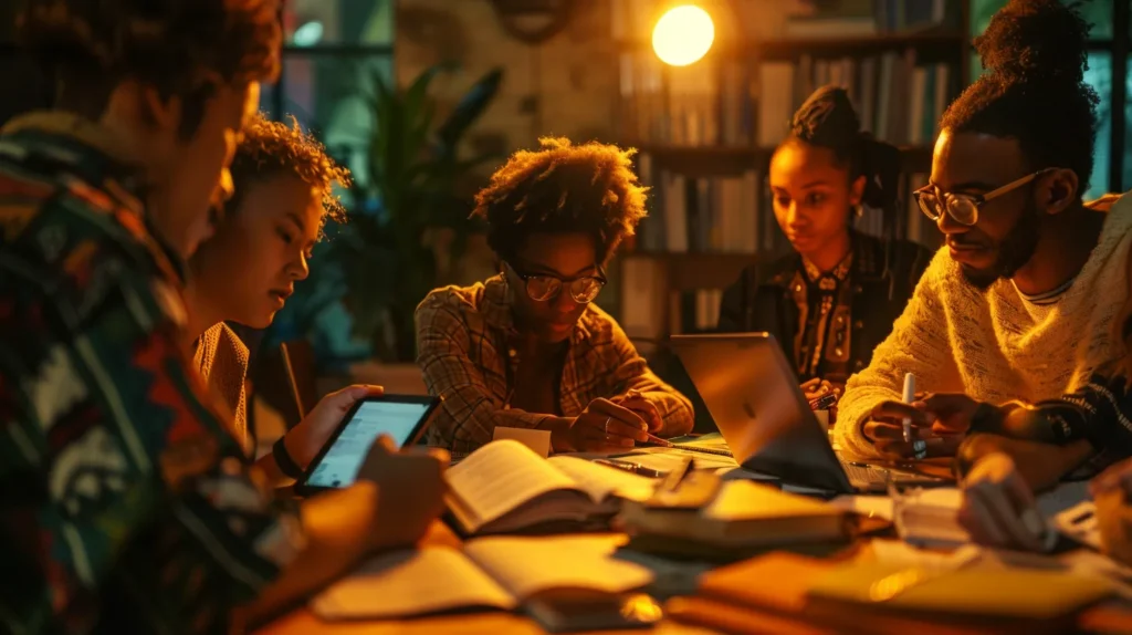 a focused group of diverse individuals engages in an educational workshop, illuminated by warm light, as they gather around a table filled with legal books and resources, symbolizing empowerment and support in their legal journey.