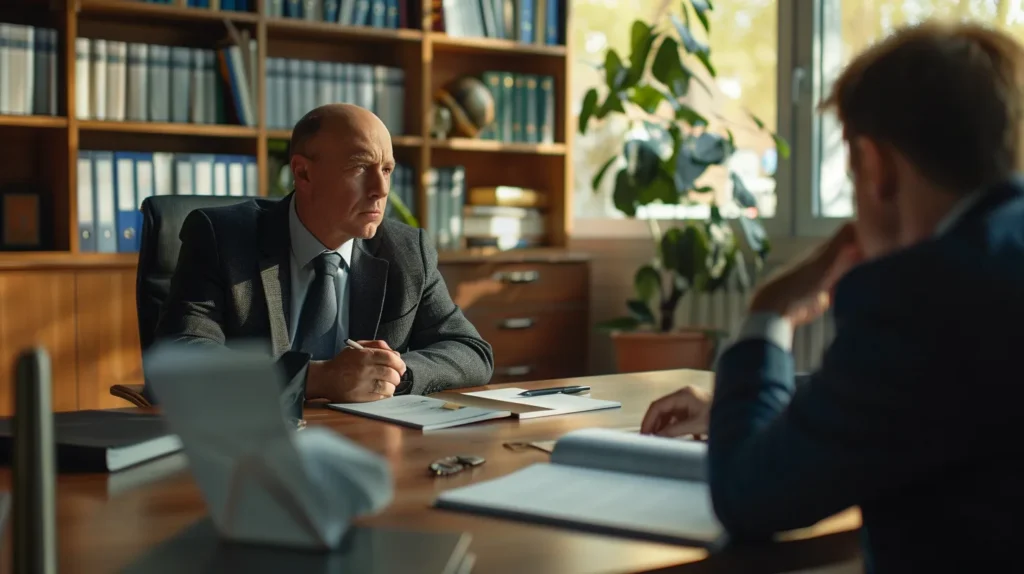 a focused lawyer discusses the details of drug charge expungement and assault offenses with a client in a modern, sleek office, showcasing a backdrop of legal books and documents that emphasize the importance of legal clarity and improved future prospects.