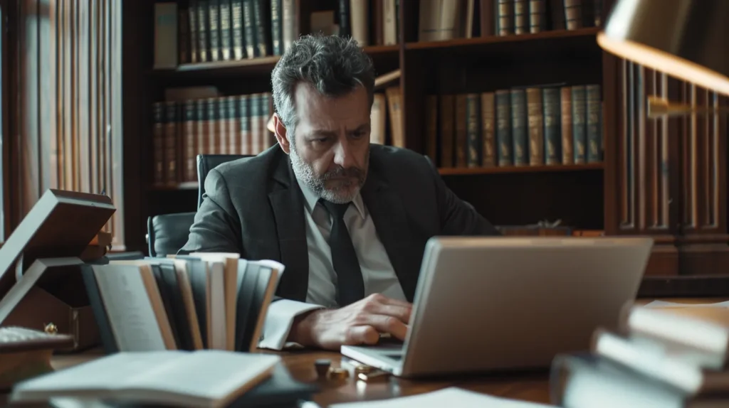 a focused lawyer in a polished office setting, surrounded by legal files and a laptop, is engaged in a strategic consultation with a concerned client, capturing the essence of expert guidance in theft crime defense.