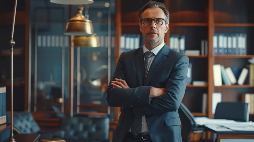 a focused lawyer stands confidently in a modern office, surrounded by legal books and documents, as they prepare to discuss hit and run defense strategies with a client, emphasizing their expertise and preparedness in navigating complex legal scenarios.
