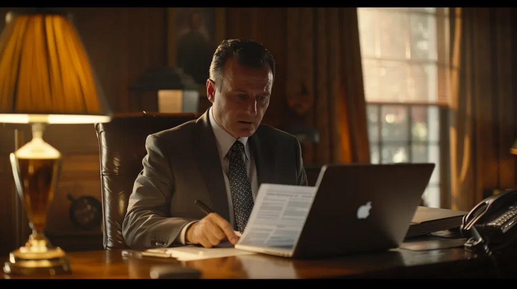 a focused office scene depicts a professional in business attire reviewing legal documents at a polished wooden desk, with a laptop displaying a courthouse web page, conveying the seriousness of preparing for a probation modification hearing.