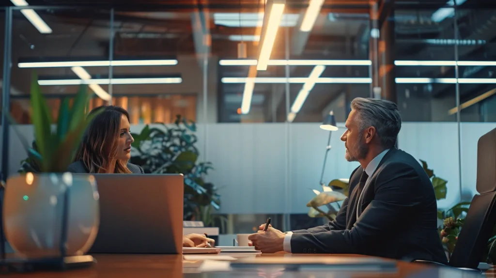 a focused office setting features an experienced expungement attorney consulting with a client, illuminated by modern overhead lighting, emphasizing professionalism and the importance of local expertise in navigating legal challenges in orange county.
