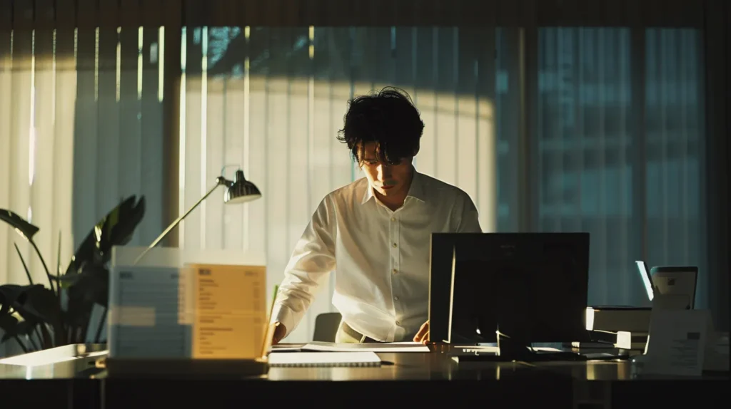 a focused office setting showcases a professional, engaged individual standing by a modern desk adorned with legal documents and a laptop, symbolizing the meticulous process of expunging criminal charges.