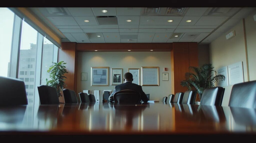 a focused, professional conference room with a confident criminal defense attorney engaging thoughtfully with a prospective client, highlighting key documents and emphasizing transparent communication in a sleek, modern office setting.