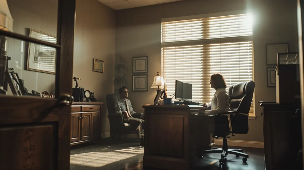 a focused, professional office setting highlights an engaged lawyer consulting with a client over legal documents, symbolizing the critical support and resources available for probation modification in fullerton.