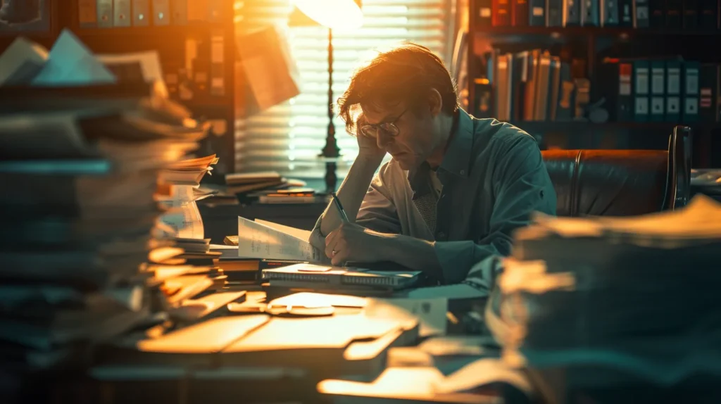 a focused scene depicts a contemplative individual seated at a desk, surrounded by stacks of case files and legal documents, thoughtfully reviewing their options for choosing an expungement attorney under warm, ambient lighting.