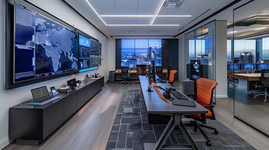 a modern law office in orange county displays advanced digital tools and holographic representations of forensic data on sleek monitors, showcasing a cutting-edge approach to criminal defense strategy in a sophisticated urban setting.