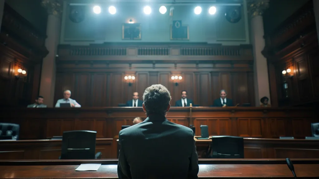 a powerful courtroom scene captures a confident attorney presenting compelling physical evidence and testimonials, illuminated by dramatic overhead lighting, conveying the gravity of justice and the crucial role of evidence in legal defense.