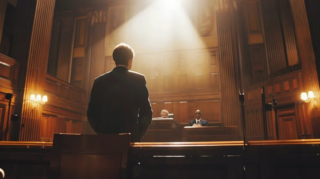 a powerful courtroom scene captures a determined lawyer standing confidently before a judge, presenting vital evidence and advocating for justice in a domestic violence case, illuminated by dramatic overhead lighting that emphasizes the gravity of the moment.