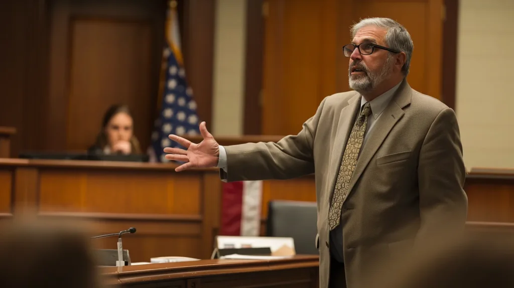 a powerful courtroom scene captures a confident dui defense attorney passionately addressing the jury, surrounded by dramatic lighting and a backdrop of legal books, conveying a strong sense of justice and determination.