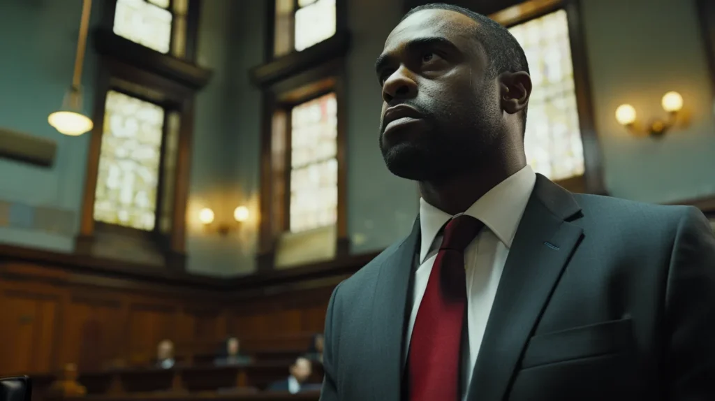 a powerful courtroom scene captures a determined defense lawyer delivering a confident argument, illuminated by dramatic lighting that emphasizes the gravity of serious legal charges.