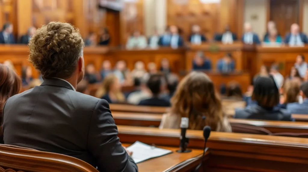 a powerful courtroom scene features a determined domestic violence attorney confidently presenting a case, surrounded by somber, focused faces of jurors and the judge, conveying a sense of justice and advocacy in a modern legal setting.