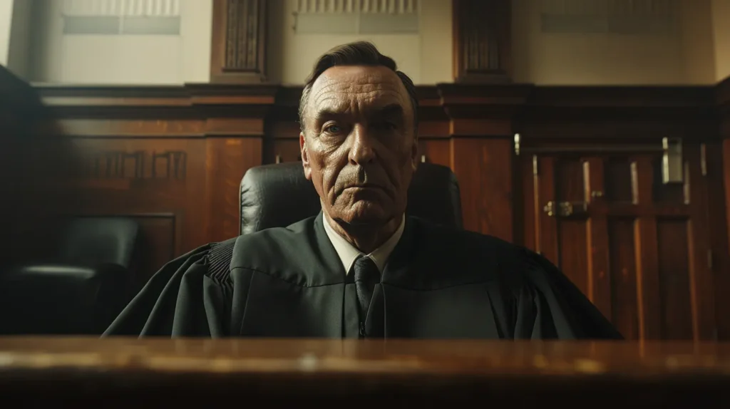a powerful courtroom scene illuminated by dramatic overhead lighting, showcasing a solemn judge presiding over a case involving complex battery charges, embodying the gravity of legal decisions in southern california.
