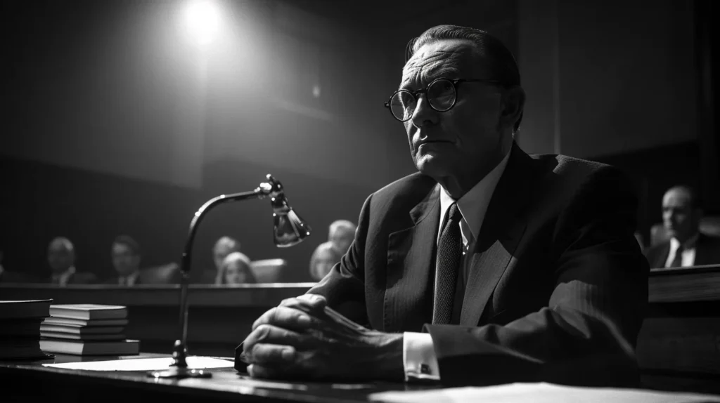 a powerful courtroom scene showcases a confident attorney passionately presenting a compelling defense strategy, surrounded by stacks of evidence and a focused jury, illuminated by dramatic overhead lighting.