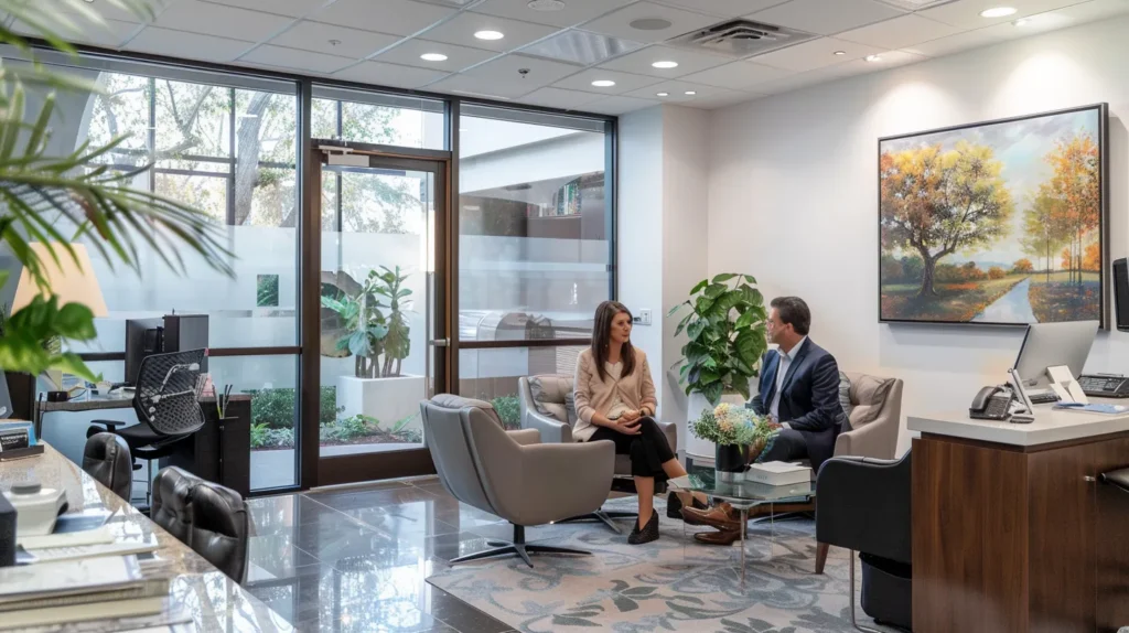 a professional law office in fullerton, with sleek, modern furnishings and an attorney engaged in a focused conversation with a client, emphasizing their serious discussion about legal strategies for assault and battery charges.