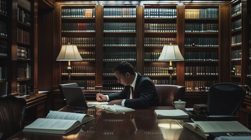 a professional law office scene depicts a focused attorney reviewing case files and organizing alibi evidence around a polished conference table, illuminated by bright overhead lights and framed by legal bookshelves, embodying the strategic defense against theft charges.