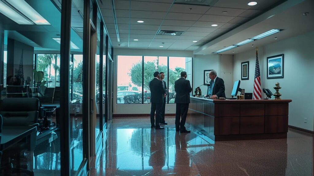 a professional legal team huddles in a sleek, modern office, engaged in a focused discussion over expungement strategies, with legal documents, digital devices, and awards lining the contemporary workspace, highlighting their expertise in navigating local court systems in orange county.