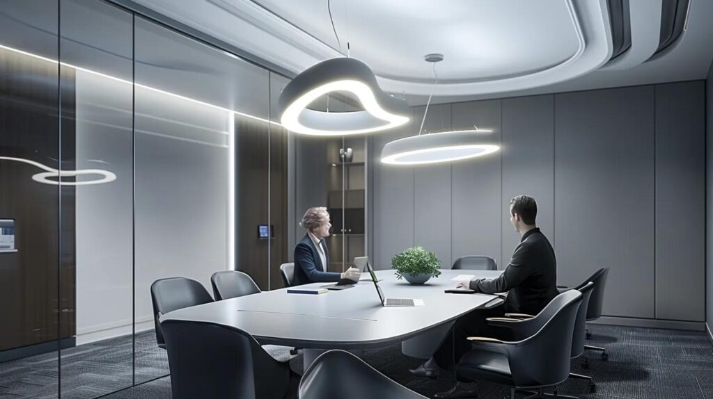 a professional office setting showcases a confident attorney, seated across a sleek conference table from a client, engaged in a serious discussion about case strategies and legal options, illuminated by focused overhead lighting that emphasizes the intense atmosphere of decision-making.
