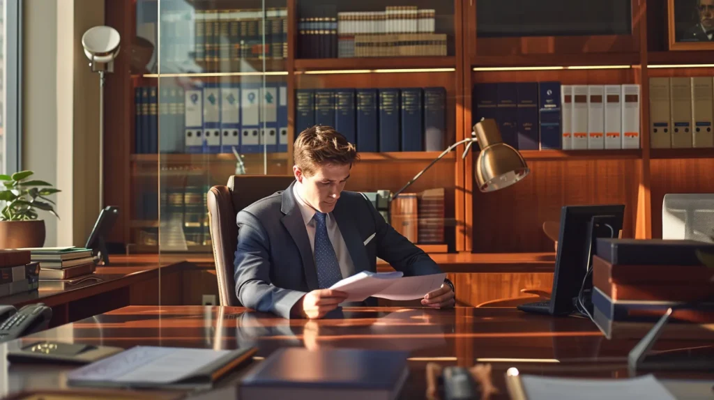 a professionally dressed defense attorney confidently reviews case files in a modern, well-lit office, showcasing their expertise and dedication to protecting clients' rights against theft charges.