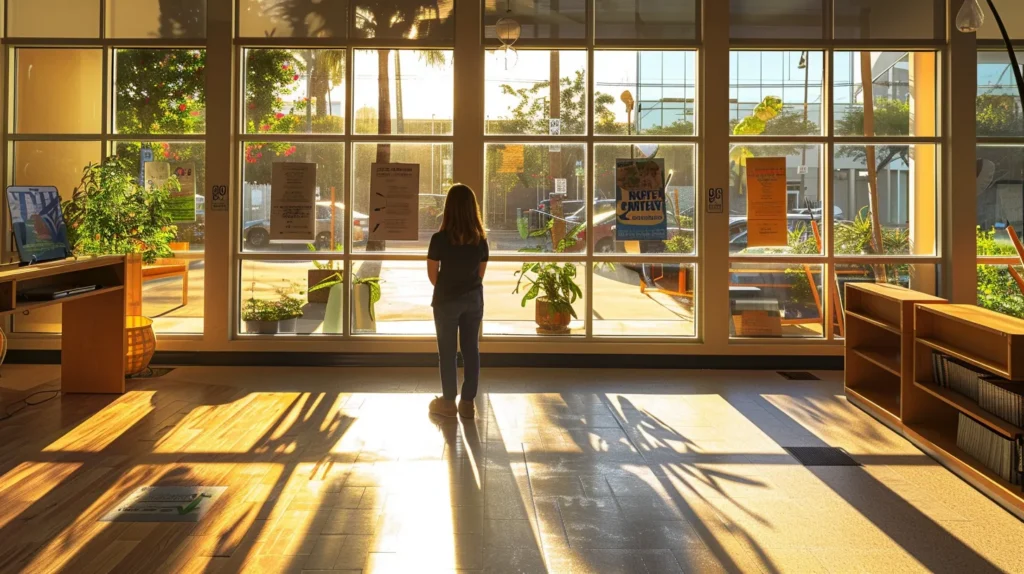 a resilient woman stands in a sunlit community center, surrounded by vibrant support resources like pamphlets and warm, welcoming furniture, symbolizing hope and empowerment for domestic violence victims in fullerton, ca.