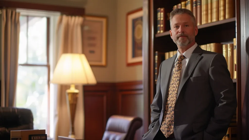 a seasoned battery defense attorney stands confidently in a well-lit office, surrounded by legal books and a large window, symbolizing expertise and guidance for clients facing criminal charges.