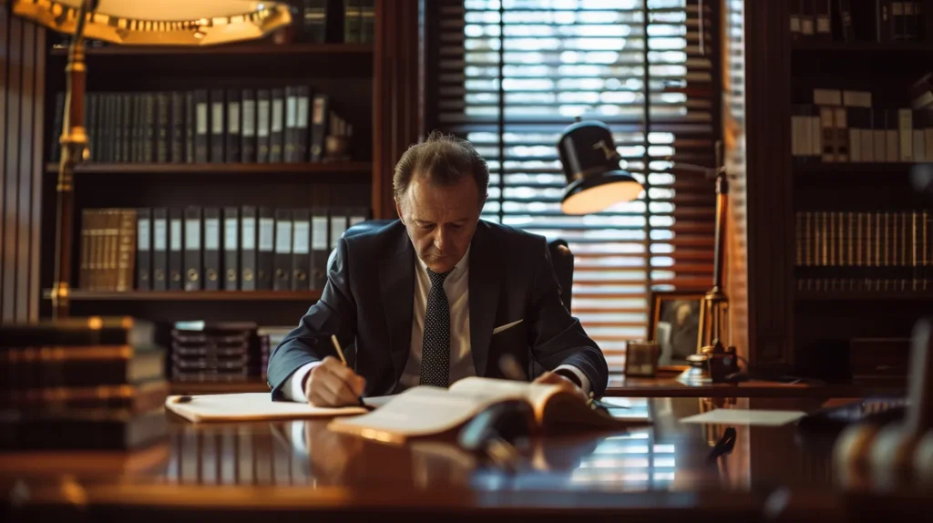 a serious and focused attorney sits at a polished mahogany desk in a modern office, surrounded by legal books and documents, as he reviews a case file on theft crimes, illuminated by the warm glow of a desk lamp.