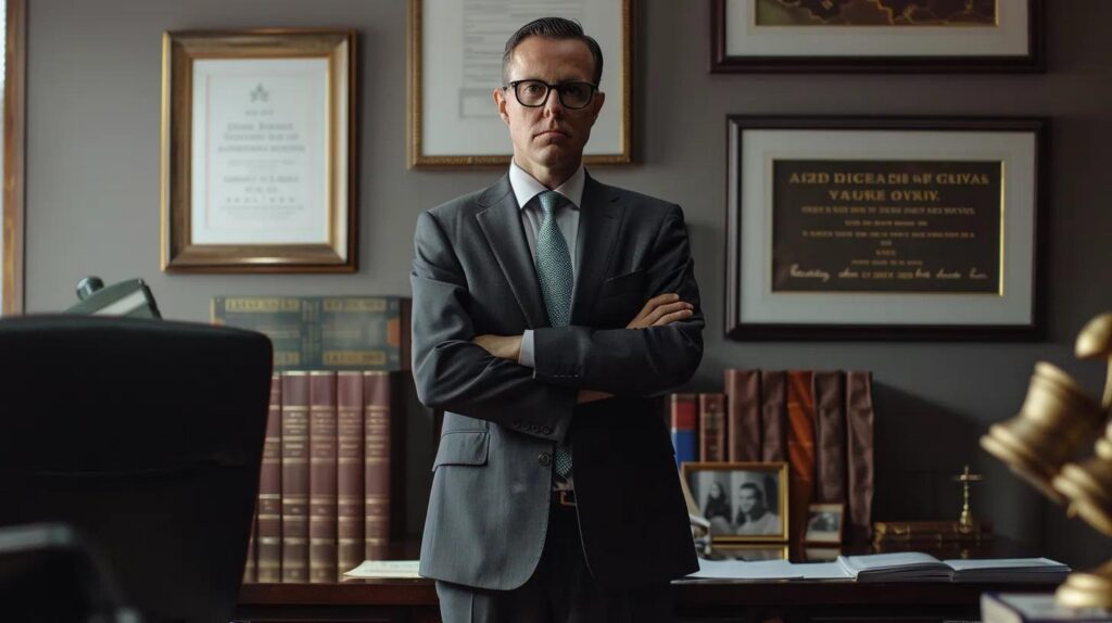 a sharply dressed lawyer stands confidently in a modern law office, surrounded by legal books and framed certificates, as they prepare to discuss the serious implications of facing check fraud charges.