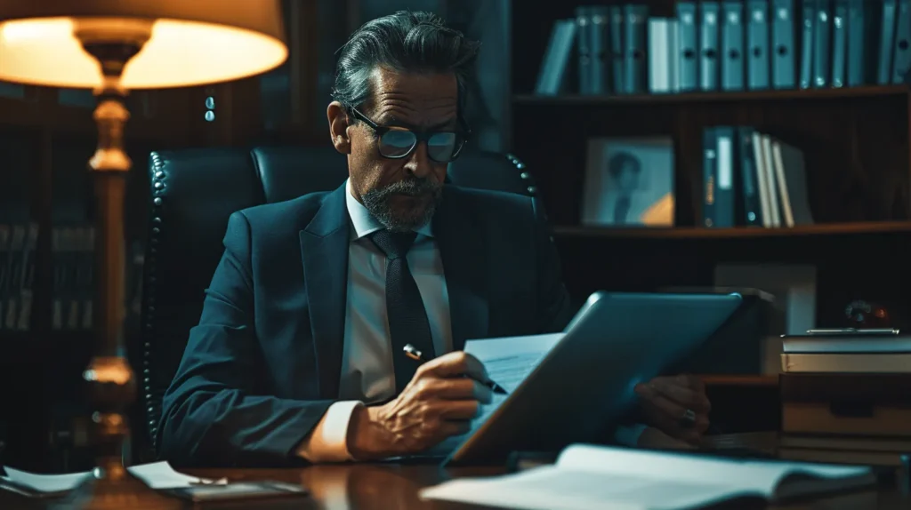 a sharply focused, modern law office scene showcases a confident attorney at a sleek desk, intensely reviewing legal documents on a high-tech tablet, symbolizing the complexities and nuances of assault and battery laws in california.