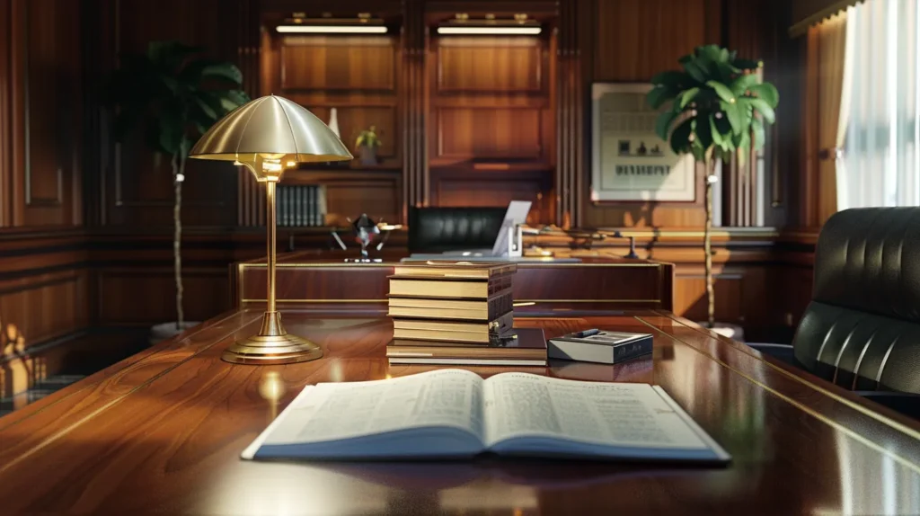 a sleek, modern law office with a polished wooden desk, an open legal book displaying relevant statutes on hit and run offenses, and a serious attorney in a tailored suit discussing potential penalties with a client under bright, focused overhead lighting.