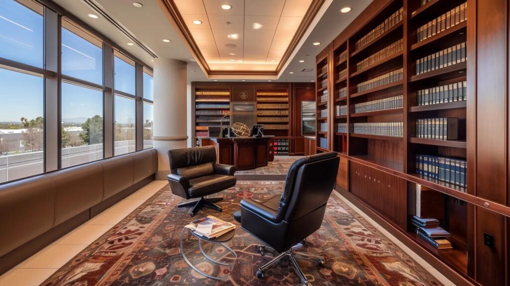 a sleek, modern law office in fullerton with elegant furnishings and prominent legal books on the shelves, exuding professionalism and a sense of hope for clients seeking to clear their criminal records and reclaim their futures.