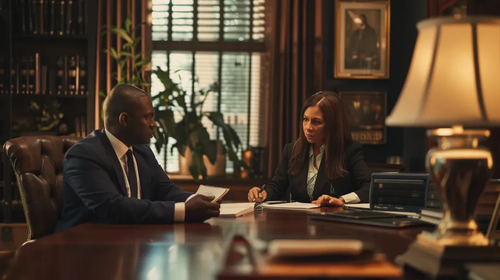 a sleek, modern law office filled with engaged clients and attorneys in deep discussion, showcasing contrasting styles of legal representation, under warm, focused lighting that highlights the professionalism and urgency of navigating probation modifications.