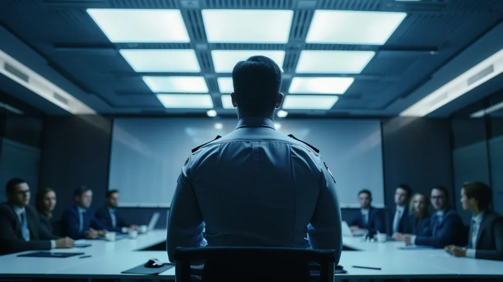 a sleek, modern office conference room filled with attentive professionals, illuminated by focused overhead lights, as a seasoned police officer stands at the front delivering impactful insights about expungement laws in california, backed by a prominent bar association's visual materials on the table.