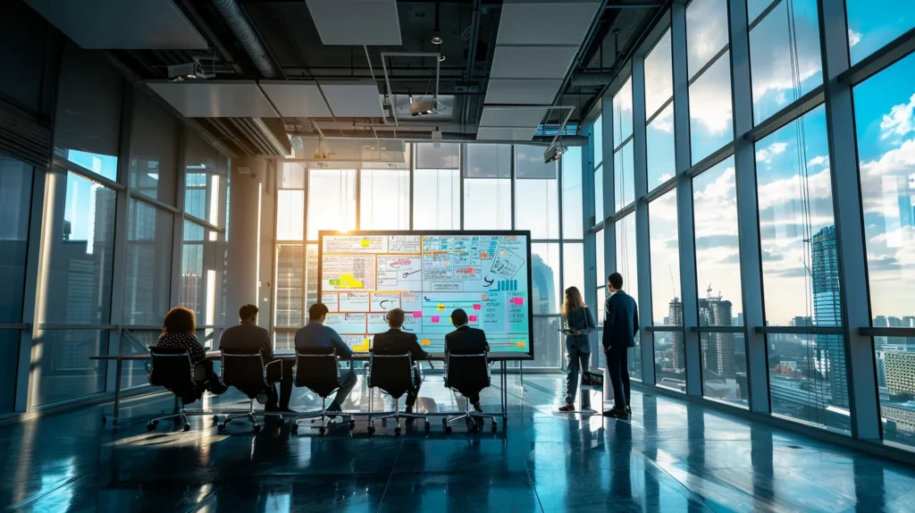 a sleek, modern office with a large whiteboard filled with colorful diagrams and notes, showcasing a focused discussion on expungement options and legal strategies in orange county, framed by large glass windows that overlook a bustling urban landscape.