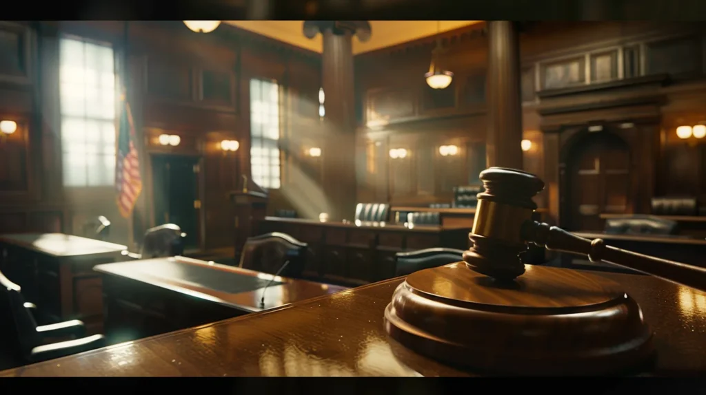 a solemn, dimly lit courtroom captures the gravity of a legal case, with a focused gavel poised on the judge's bench as attorneys engage in intense discussion, symbolizing the importance of outcome monitoring and future implications.