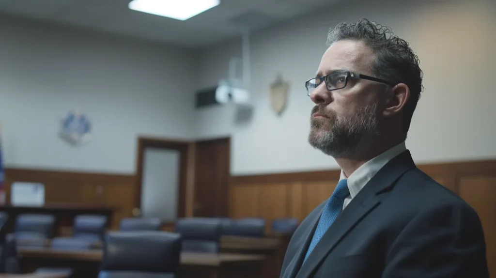 a somber courtroom scene captures the tension of a defendant facing serious charges, with stark lighting highlighting the grim atmosphere as legal discussions unfold around potential penalties and consequences of possession offenses.