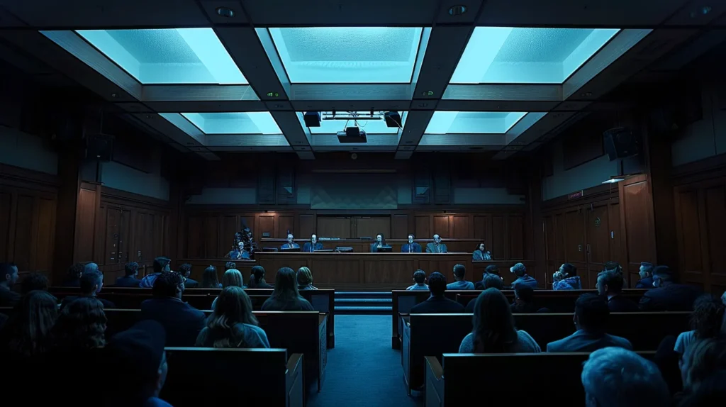 a somber courtroom scene in fullerton, illuminated by soft overhead lighting, showcasing a tense atmosphere as individuals eagerly await the verdict on dui charges, emphasizing the weight of consequences and legal intricacies in the air.