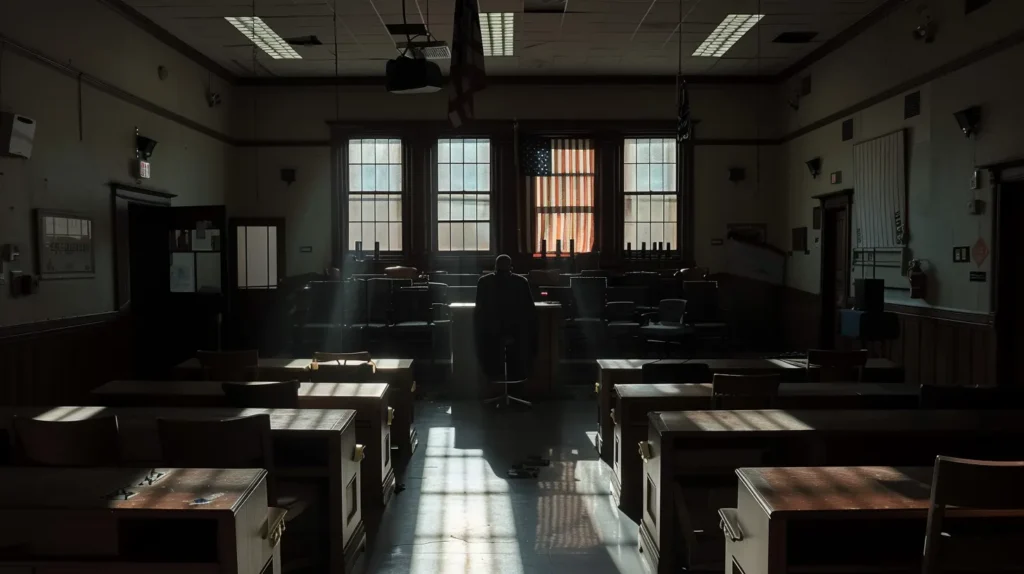 a somber courtroom, with dim lighting casting deep shadows on a weary defendant seated at the center, reflecting the weight of past transgressions and the complex narratives influencing the quest for justice.