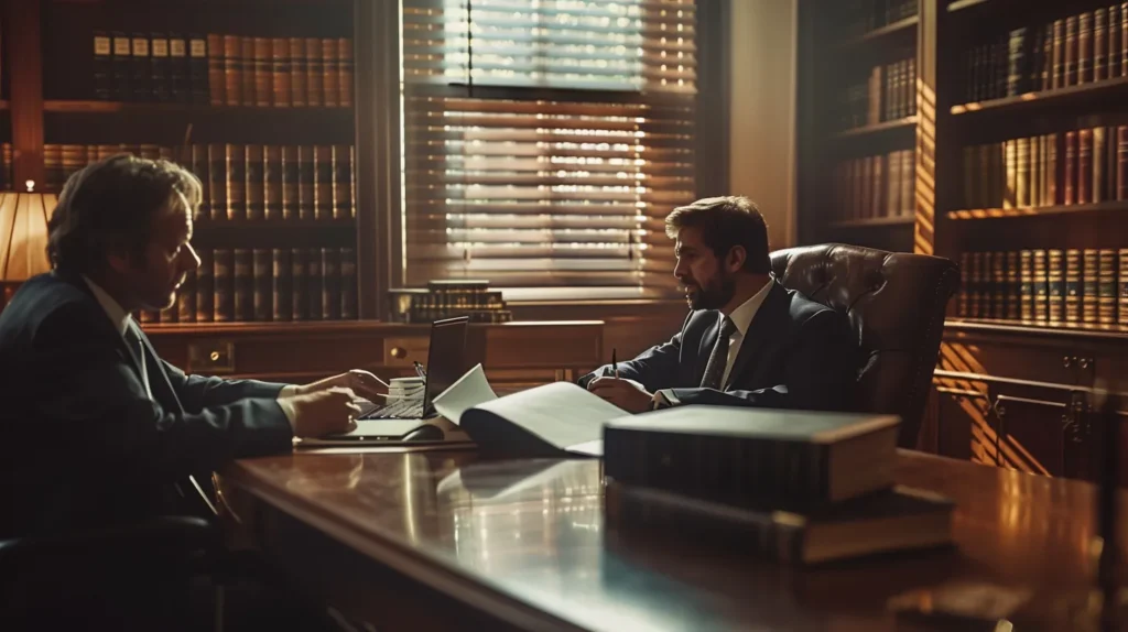 a somber law office scene captures a focused attorney discussing complex domestic violence and theft charge cases with a concerned client, surrounded by legal books and documents that reflect the overlapping intricacies of criminal law.