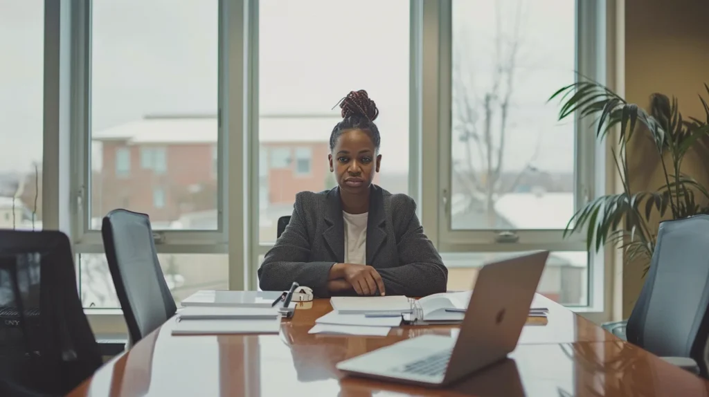 a somber yet hopeful office setting features a confident individual seated at a polished conference table, surrounded by legal documents and a laptop, symbolizing the journey towards expungement and second chances after facing serious charges.
