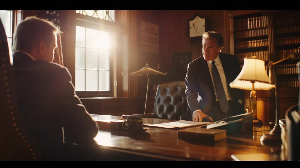 a stark, dimly lit law office featuring a solemn attorney discussing the severe implications of assault and battery convictions with a concerned client, surrounded by legal books and documents to emphasize the gravity of the situation.