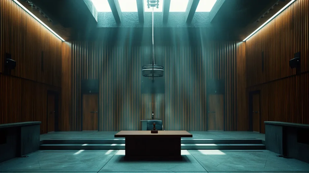 a stark, modern courtroom scene with a focused spotlight illuminating a judge's gavel resting on the bench, symbolizing the serious implications of felony charges in fullerton, surrounded by dark wooden panels and high ceilings that convey a sense of legal gravity.