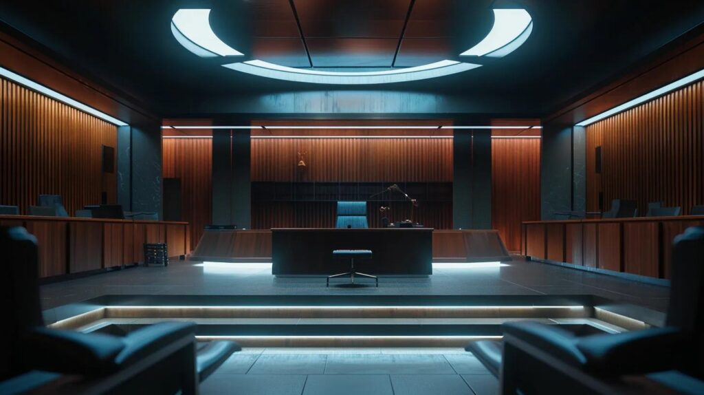 a stark, modern courtroom setting with a focus on a judge’s bench and a gavel, reflecting the serious atmosphere surrounding juvenile charges and justice in fullerton.