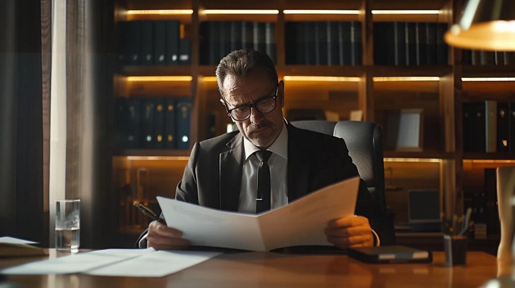 a stark, modern law office with a confident attorney presenting an intricate case file on assault with a deadly weapon, illuminated by focused overhead lighting that highlights the tension of legal defense in a serious atmosphere.